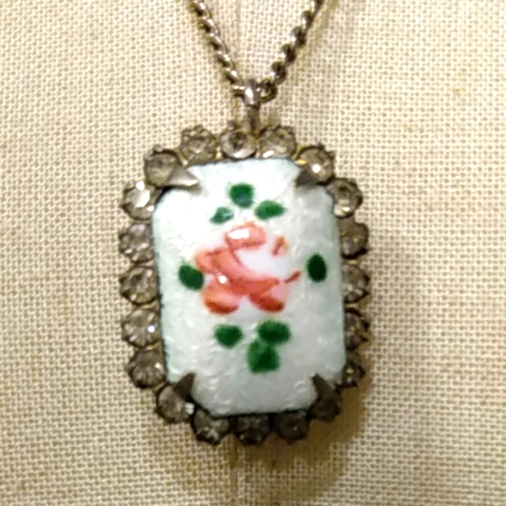Vtg Guilloche Enamel Pink Rose Rhinestone Pendant Necklace Cottagecore Lolita